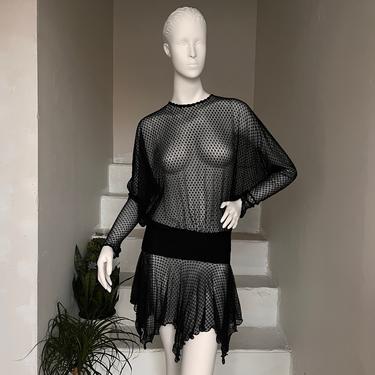 Fun 1980s Mesh Lace Mini Dress Dolman Sleeves Vintage France Size Small New Wave Goth 