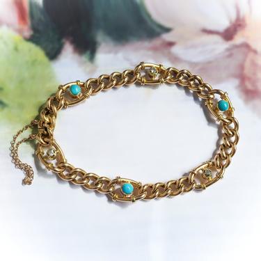 Vintage Turquoise Diamond Link Bracelet 15ct Yellow Gold Fits 7 Inch Wrist 