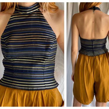 y2k Tube Top / Gold and Navy Stripe High Neckline Open Back Fitted Tank Top / Raver Club Kid 