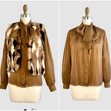 RIVE GAUCHE Yves Saint Laurent Vintage 70s Tie Bow Silk Blouse | 1970s YSL Bronze Stripe Shirt Top | Paris France, Designer | Size Medium 