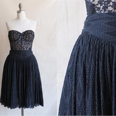 Vintage 50s Black Cotton Eyelet Skirt/ 1950s High Waisted Wide Waistband Sheer Full Skirt/ Size 27 