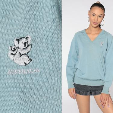 Australia Sweater 80s V Neck Koala Sweater Retro Acrylic Knit Blue Slouchy Pullover Vintage 1980s Sweater Bear Large 