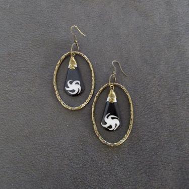 Brass hoop earrings, batik print bone earring, unique Afrocentric earrings, bold statement African earrings, exotic primitive earrings 