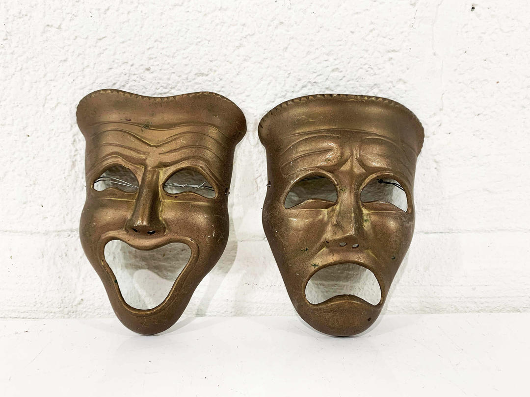 True Vintage Brass Theater Faces Masks Comedy Tragedy Smile Now Check Engine Vintage