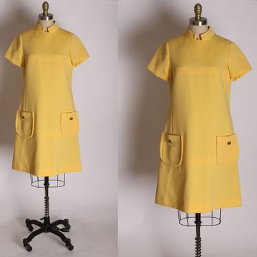 1960s Yellow Short Sleeve Pocketed Front Mod Shift Dress by Anjac Fashions -M 