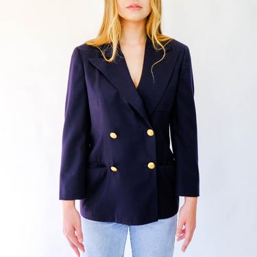 Vintage 70s Ralph Lauren Navy Blue Double Breasted Blazer w/ Gold Eagle Crested Buttons | Made in USA | 100% Wool | 1970s RL Designer Jacket 
