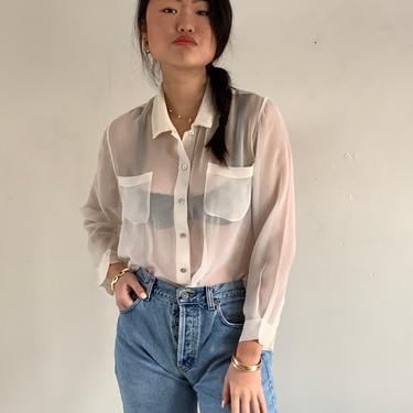 90s sheer silk pocket blouse / vintage white sheer silk georgette blouse / see thru cropped blouse | M 