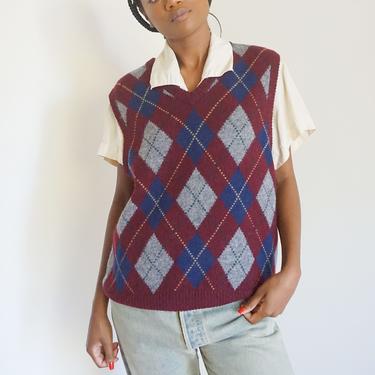 1990s Ralph Lauren Polo Wool Blend Argyle Burgundy Sweater Vest S M L Preppy Printed Oversized 