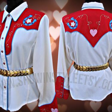 Vintage Retro Women's Cowgirl Western Shirt by Scully, Rodeo Queen, Embroidered Hearts & Horse Shoes, Size XLarge (see meas. photo) 