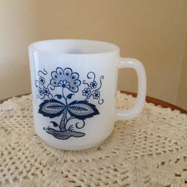 Vintage Glasbake White Milk Glass Blue Onion Coffee Mug Cup