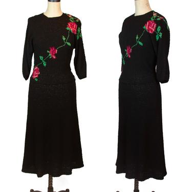 1940s Dress ~ Red Rose Picture Knit Boucle Black Dress 