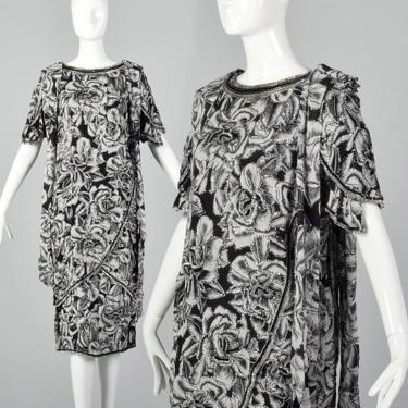 Large 1980s Vintage Designer Beaded Skirt Set Judith Ann Creations Black and White Floral Print Tulip Hem Silver Sequins Keyhole Back 