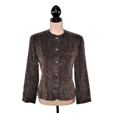 70s 80s Cropped Fitted Brown Corduroy Paisley Blazer Women Medium, Casual Cotton Jacket, Fall Winter Clothes, Vintage Clothing Evan Picone 
