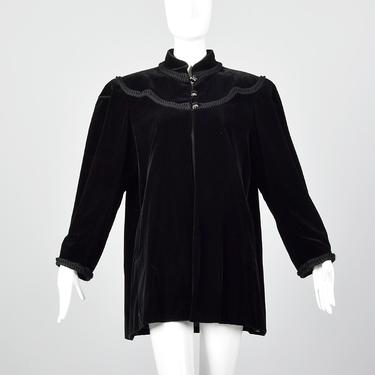 Large Yves Saint Laurent Rive Gauche Velvet Swing Coat Black Braided Trim Pockets Midweight Large Buttons 1980s Vintage Jacket 