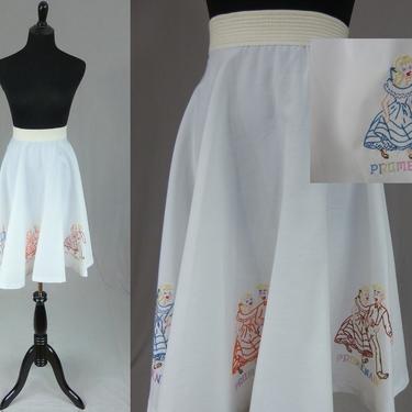 Vintage Full Square Dance Circle Skirt - White w/ Hand Embroidered Promenade Couple - 29-36" waist 