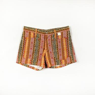 1970s Deadstock Printed Hot Shorts / Low Rise / Printed Denim / Novelty Print /  Printed Cross Stitch / Hippie / Boho / Patch Pockets / M / 