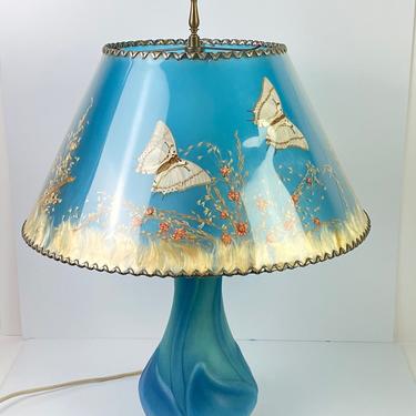 Vintage Stunning Van Briggle Pottery Table Lamp Blue w/ Original Butterfly Shade Glass Table Lamp Mid Century Modern Stripe Colors 