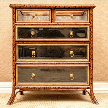 Maitland Smith Regency Style Faux Bamboo Tortoiseshell Leather Glass Chest Of Drawers Vitrine Display Commode 