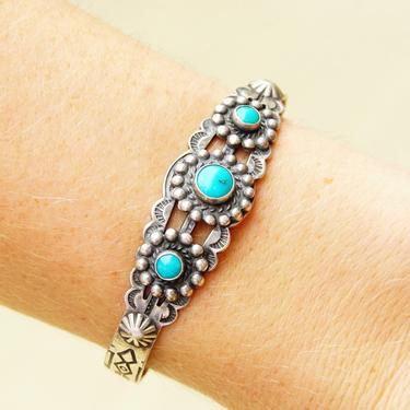 Vintage Native American Sterling Silver 3- Stone Turquoise Cuff Bracelet, Petite Hammered Silver Cuff, Adjustable Bracelet, 5&quot; L 
