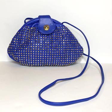 vintage blue leather and multi studded crossbody purse, 1980's 
