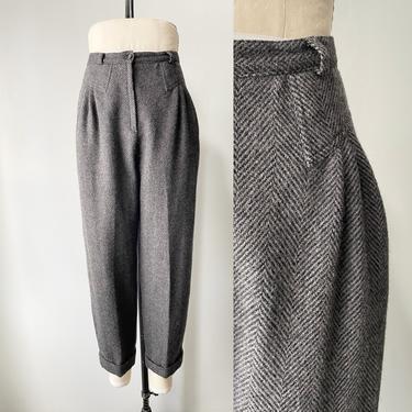 1980s Pants Wool Grey Herringbone Trousers High Waist M 