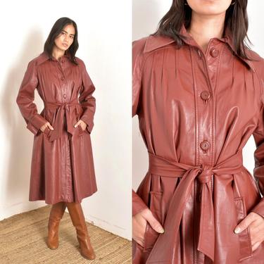 Vintage 1970s Jacket / 70s Fit and Flare Leather Trench Coat / Burgundy ( S M L ) 