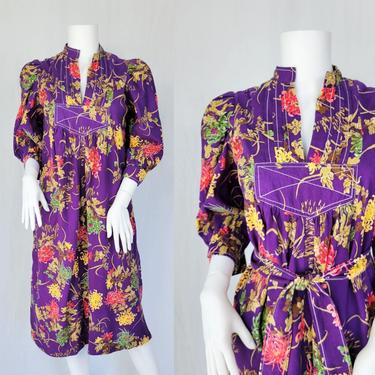 1970's Purple Cotton Chrysanthemum Print Smocked Muumuu Dress I Sz Med 