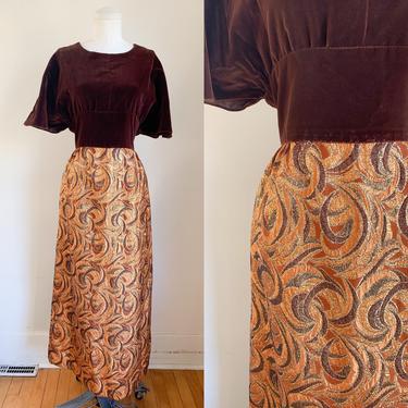 Vintage 1960s Velvet & Brocade Maxi Dress / XS 