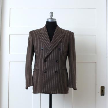 mens vintage 1940s chalkstripe blazer • brown wool wide lapel sports coat • double breasted fit 