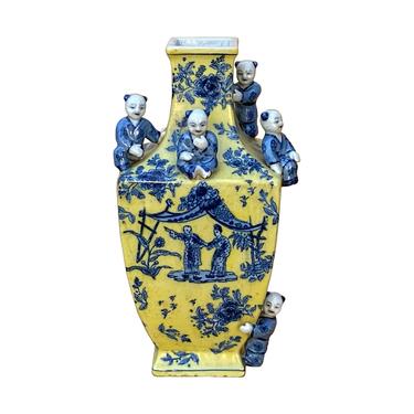 Chinese Yellow Blue Dimensional Kids Motifs Square Porcelain Vase ws1605E 