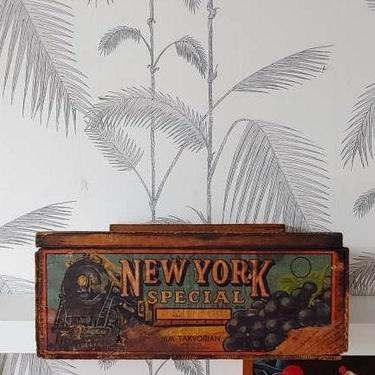 Vintage Fruit Box, Shipping Crate, New York Special, Jim Takvorian, California Grapes, Train motif, circa 20's 