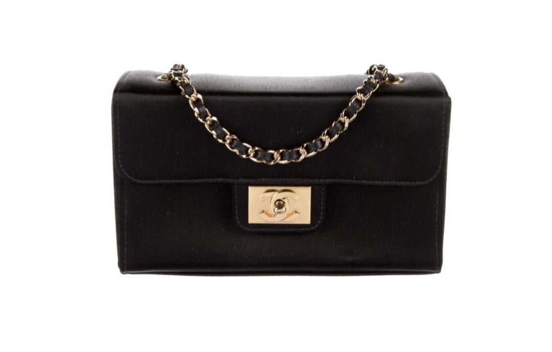 Vintage CHANEL CC Turnlock Logo Black Satin BOX Mini Flap Shoulder Purse  Evening Bag