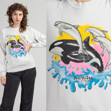 90s Dolphin Orca Whale Sweatshirt - Large | Vintage Unisex White SeaWorld San Diego Ocean Animal T Shirt 