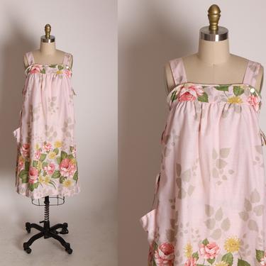 1970s Pink, Yellow and Green Romantic Rose Print Wide Strap Tie Side Shift Dress by Smart Time -M 