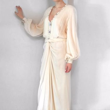 Vintage 1980's Galanos Beaded and Pleated Silk Chiffon White/Cream Evening Gown 