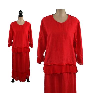 2 Piece Skirt Set, Red Linen Dress, Maxi Skirt and Top, 3/4 Sleeve Casual Loose, 1980s Clothes Women Large, 80s Vintage Clothing Size 12 14 