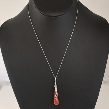 70's Byzantine sterling swirls apple jasper teardrop hippie pendant, elegant red jasper 925 silver boho necklace, signed KTH 
