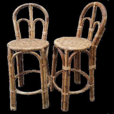 Vintage Coastal Boho Chic Bamboo Bar Stools - a Pair