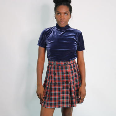 Blue plaid skirt 90s style sale