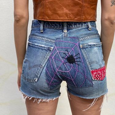 60s Levis Cut Off Denim Shorts / Novelty Spider Embroidery / Levi Strauss & Co. Denim Patches Embroidery / Festival / Bandana Patch 
