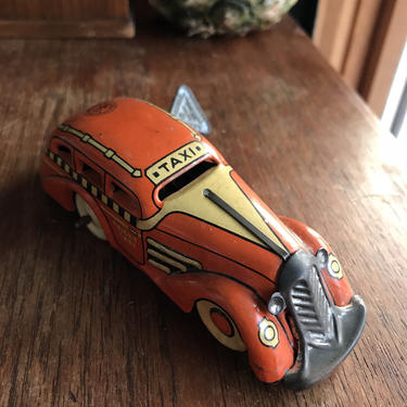 Vintage Toy Tin MARX Tricky Taxi Car Original Key Works  691-G Orange 