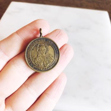 Antique Italian Madonna di Bedonia + Sacred Heart Medal Pendant 