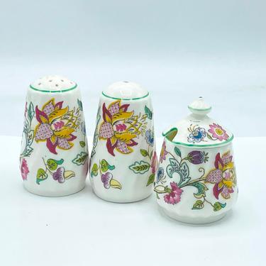 Minton Haddon Hall Floral Pepper Shaker and Mustard Condiment Pot w/ Spoon 