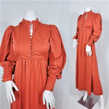 1970's Orange Poly High Neck Button Down Long Maxi Dress I Bishop Sleeves I Sz Sm 