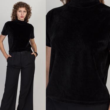 90s Black Velvet Mockneck Top - Large | Vintage Minimalist Short Sleeve Cropped Shirt 