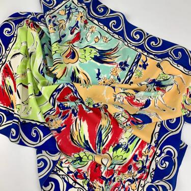 1940'S Cold Rayon Scarf - Matisse Like Patterns - Bright Vivid Colors - Rolled Hem - 35 x 36 inches 