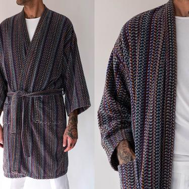 Vintage 80s Missoni Multi Colored Stripe Terry Cloth Bath Robe | Smoking Jacket, Bohemian, Beach Style | 1980s Italian Designer Unisex Robe 