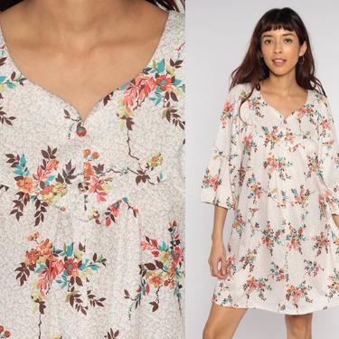 70s Hawaiian Dress Floral Mini Dress Tent Dress Hippie Boho Long sleeve Trapeze Dress Bohemian Vintage Summer Dress Festival Taupe Medium 