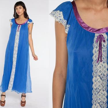 Blue Nightgown Lingerie Slip Dress 70s Babydoll Maxi Lace Nightie Tent Trapeze Nylon Boho 1970s Vintage Large L 