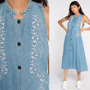 90s Denim Dress Low Armhole Jean Overall Jumper Dress Floral Embroidered Dress Vintage 1990s Button Up Sleeveless Blue Sleeveless Medium 